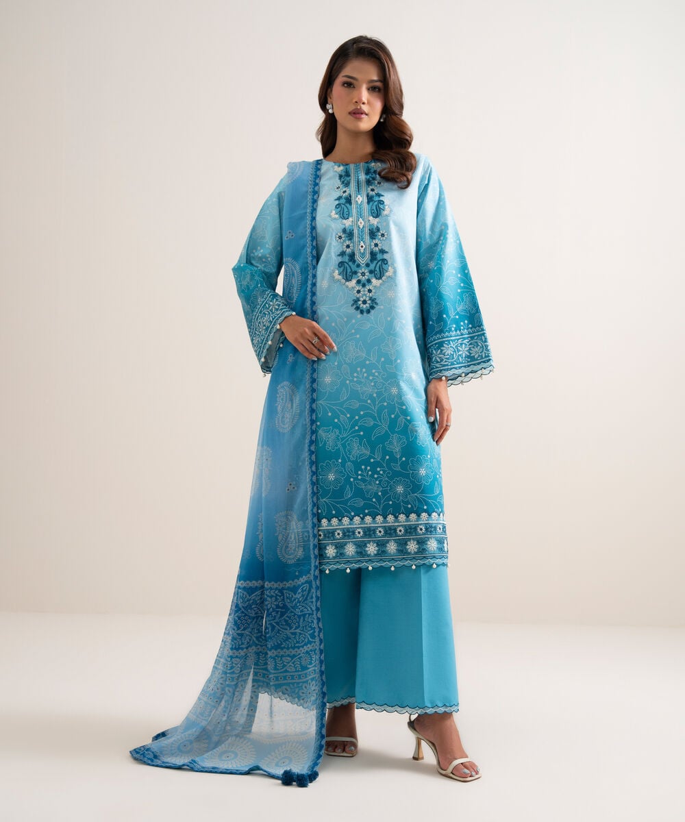 Women's Unstitched Lawn Embroidered Blue  3 Piece Suit