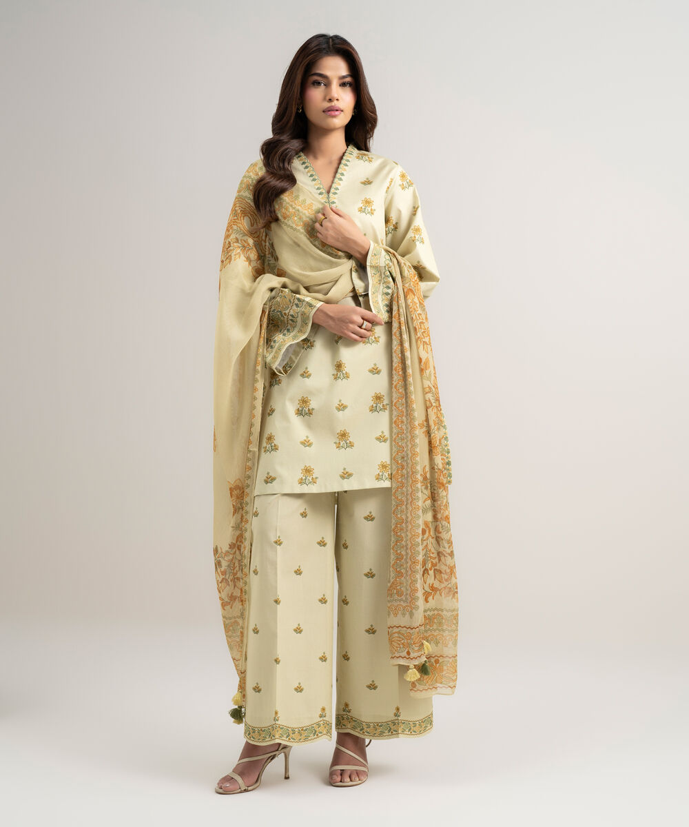 Women's Unstitched Lawn Printed Yellow 3 Piece Suit