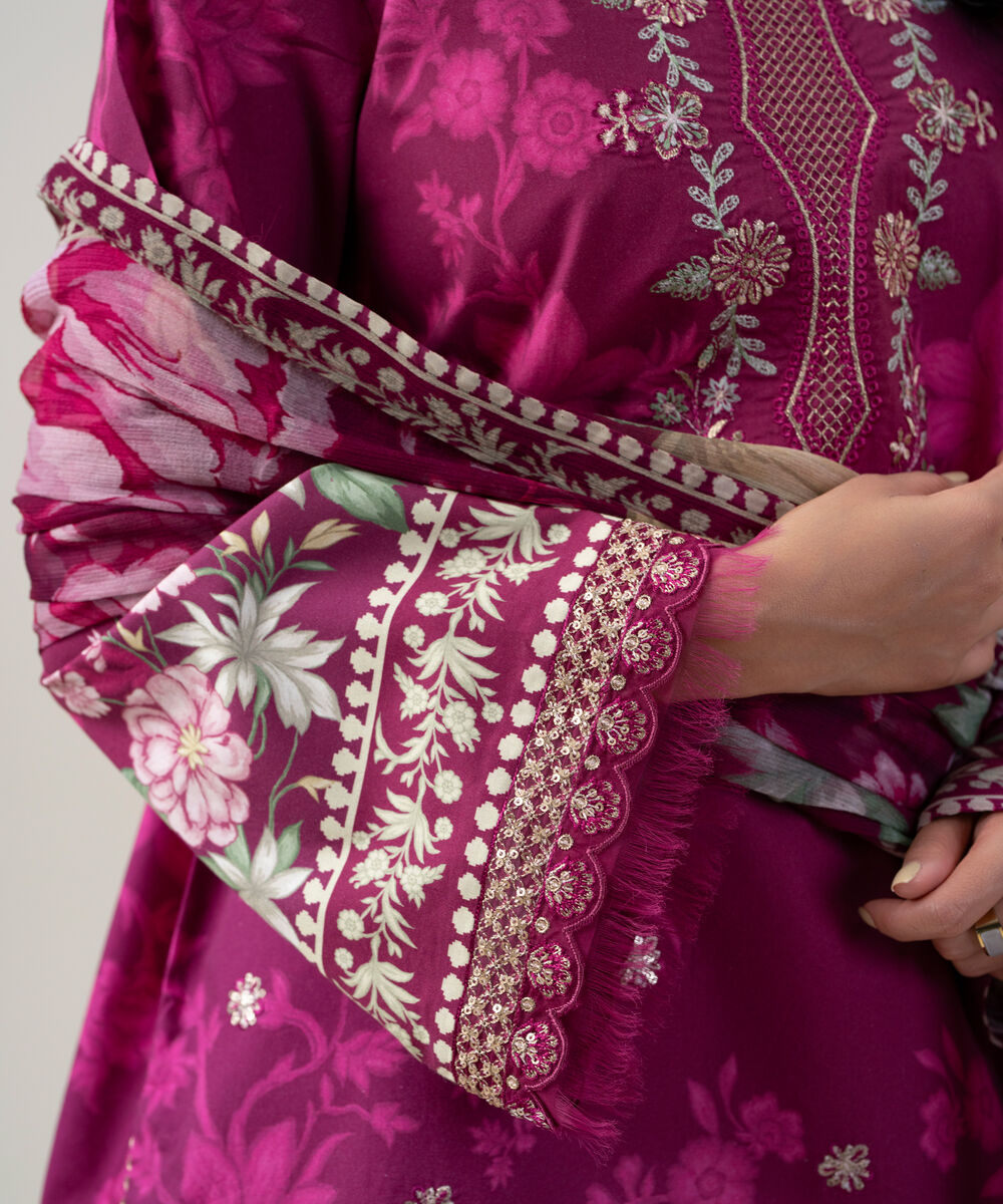 Women's Unstitched Blended Chiffon Embroidered Magenta 3 Piece Suit