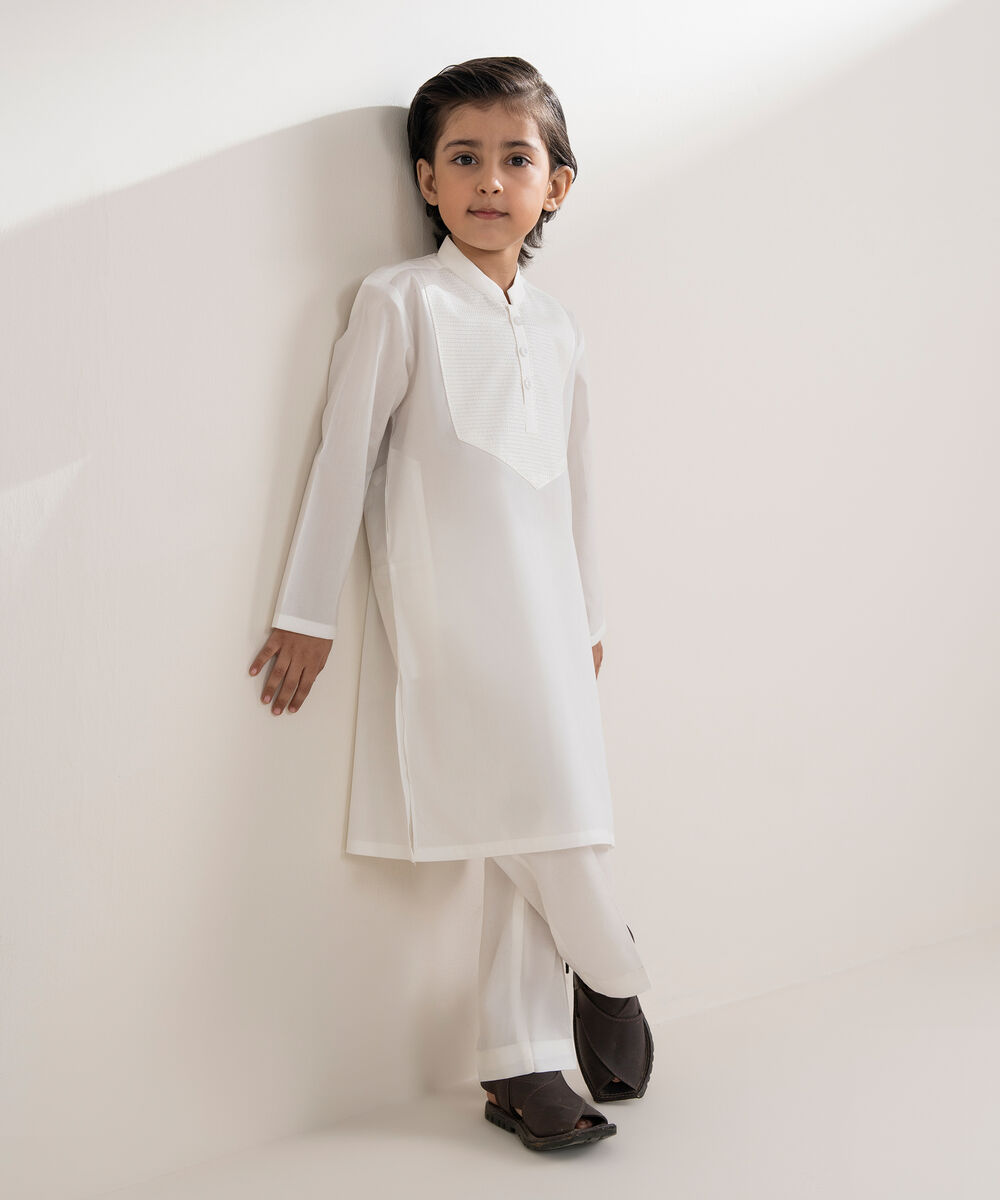 Boys Stitched 100% Cotton Off White Kurta