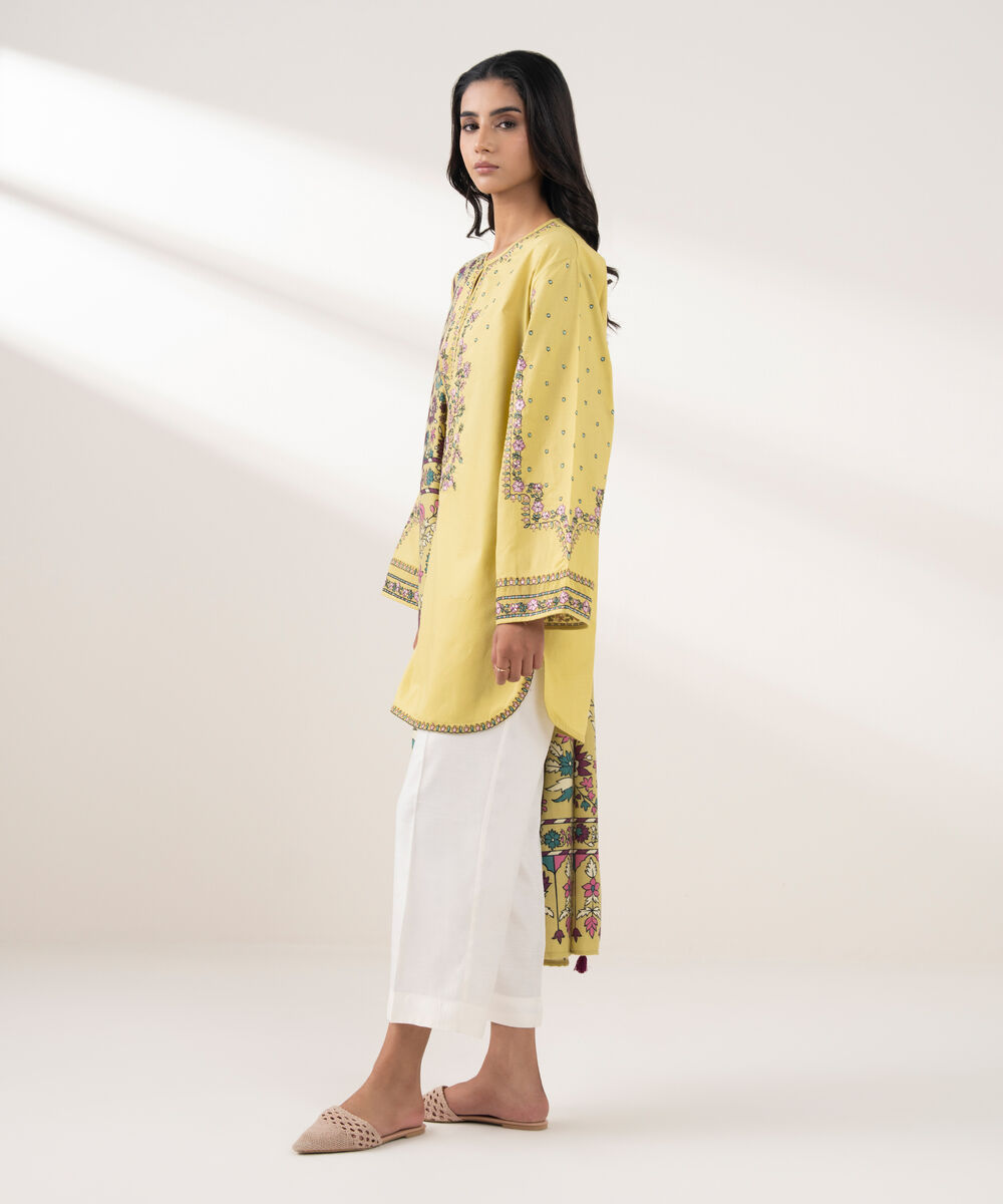 Women's RTW Cotton Embroidered Yellow 2 Piece Suit