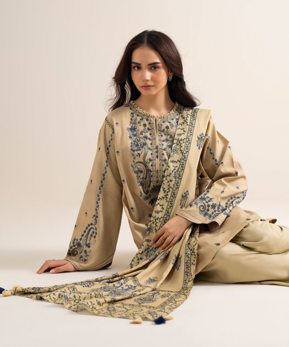 Women's Unstitched Embroidered Linen Offwhite 3 Piece Suit