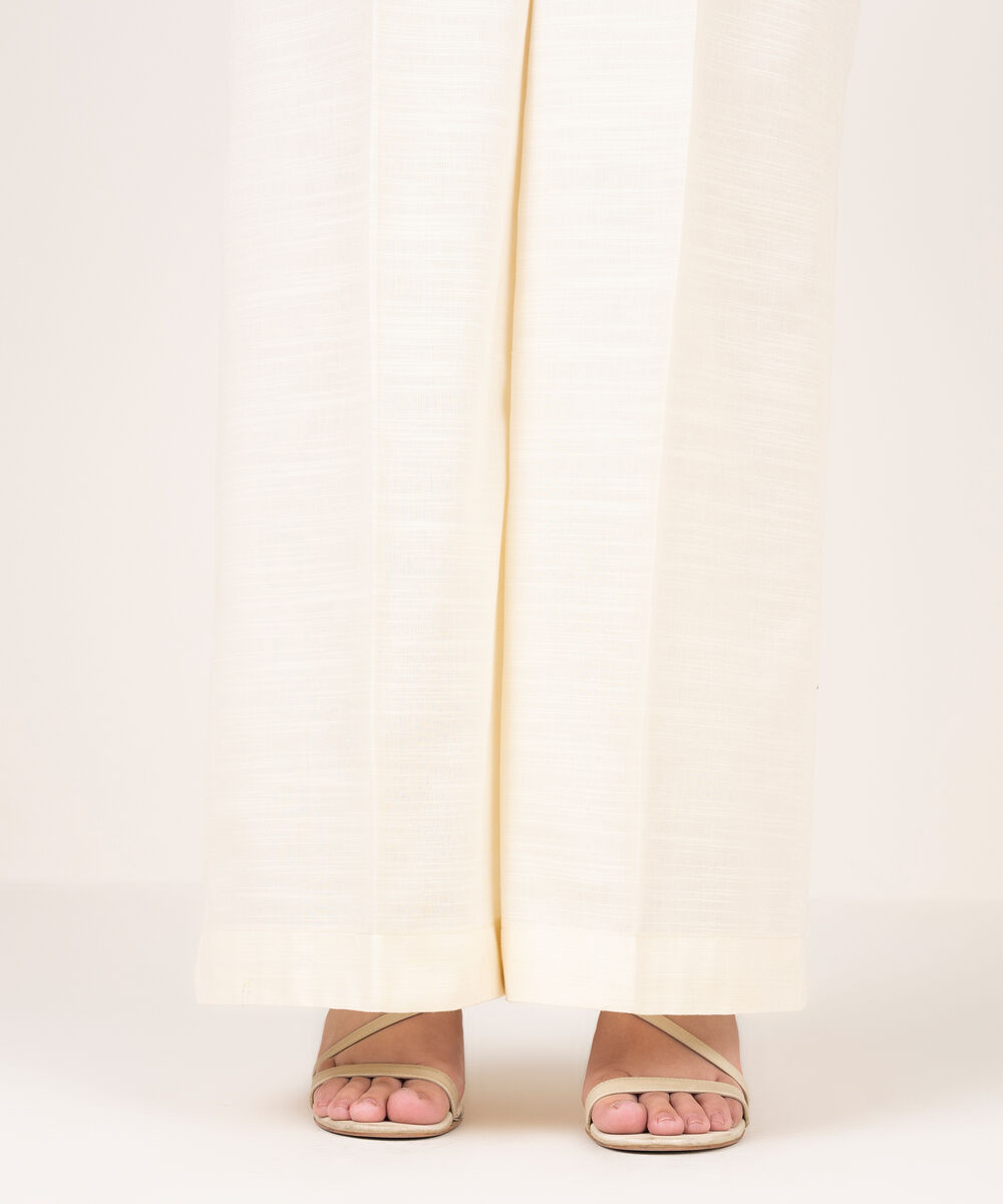 Women's RTW Khaddar Solid Off White Flared Pants