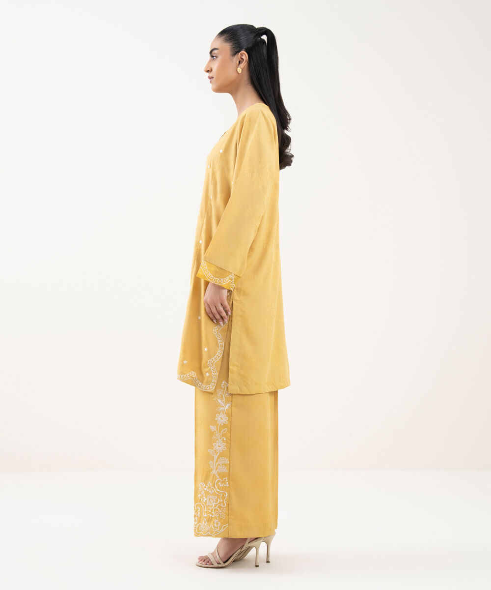 Women's RTW Cotton Jacquard Embroidered Yellow Straight Shirt