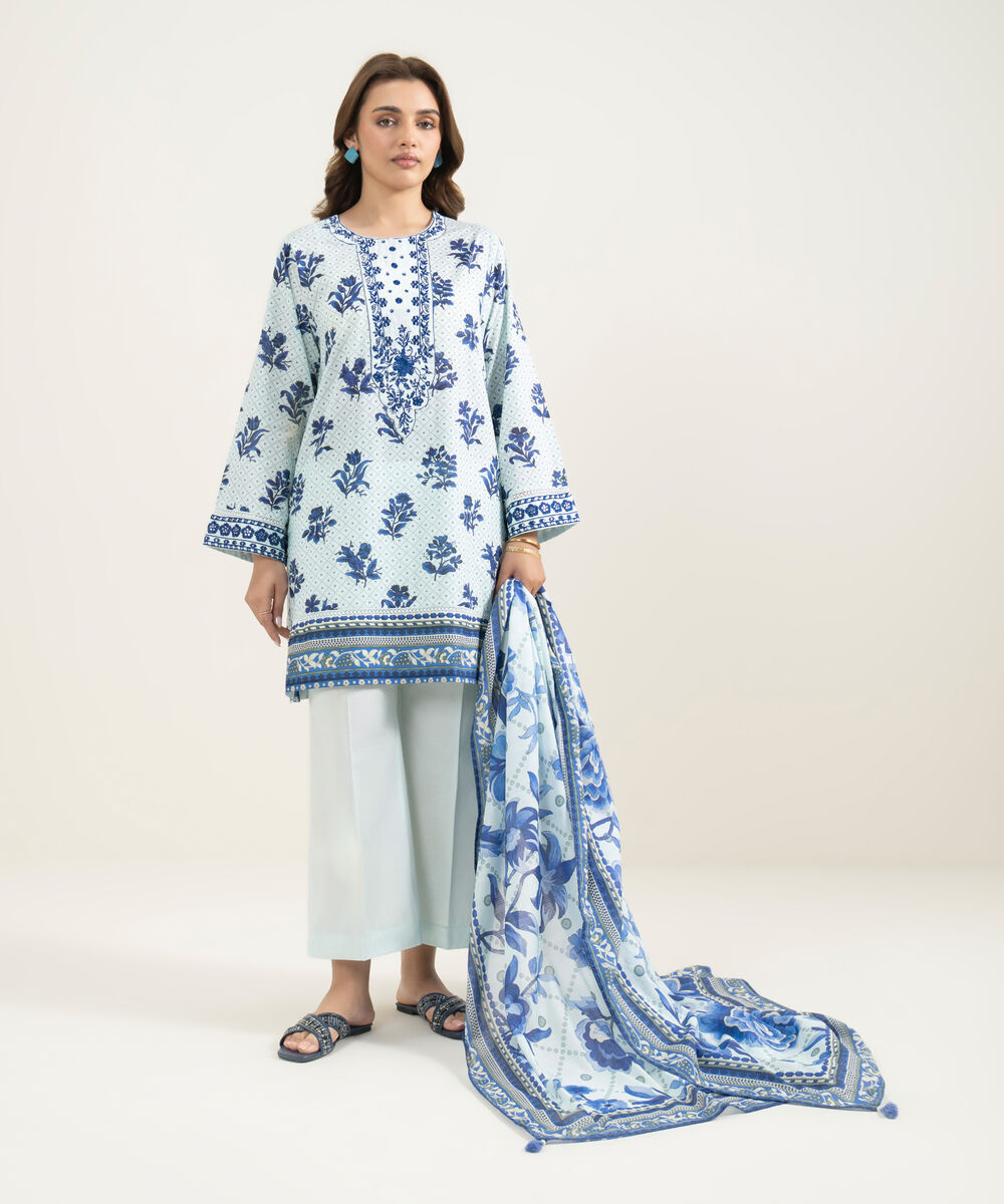 Women's RTW Slub Lawn Embroidered Blue 3 Piece Suit