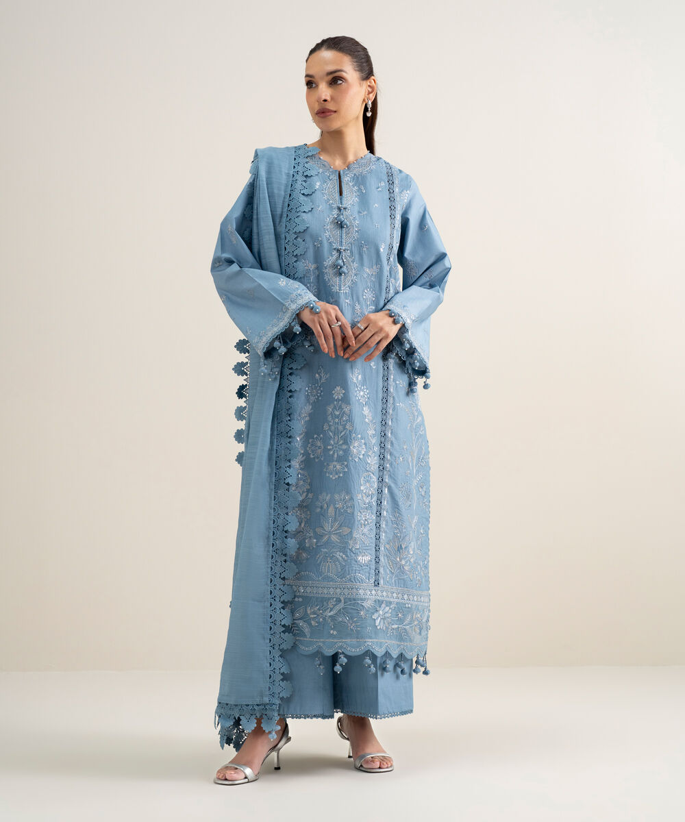 Women's Unstitched Lawn Embroidered Sky Blue 3 Piece Suit