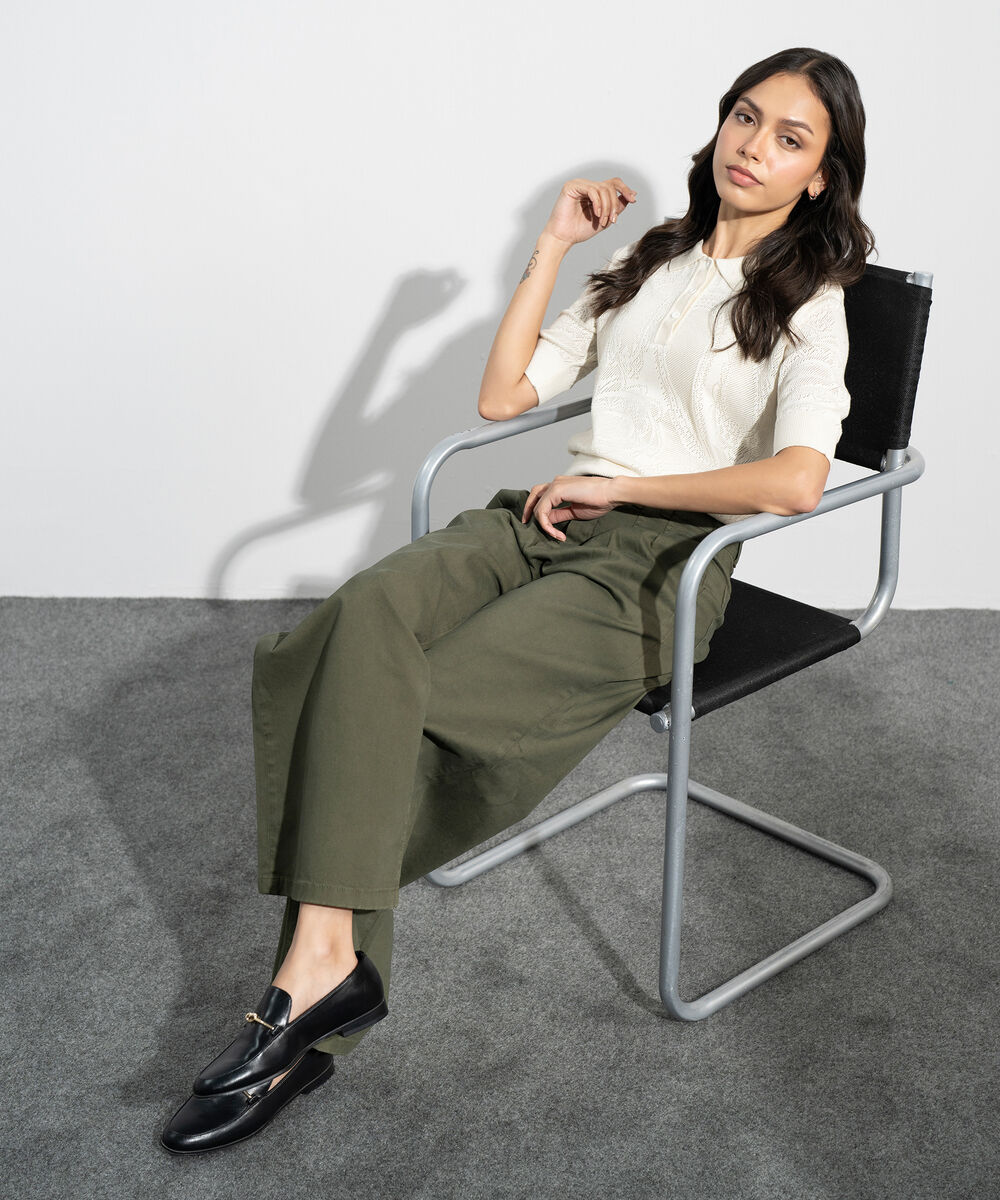 Women's Western Green Khaki Wide Leg Pleated Chino Trousers