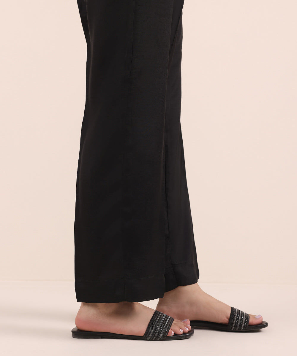 Woman - Black Raw Silk Straight Pants