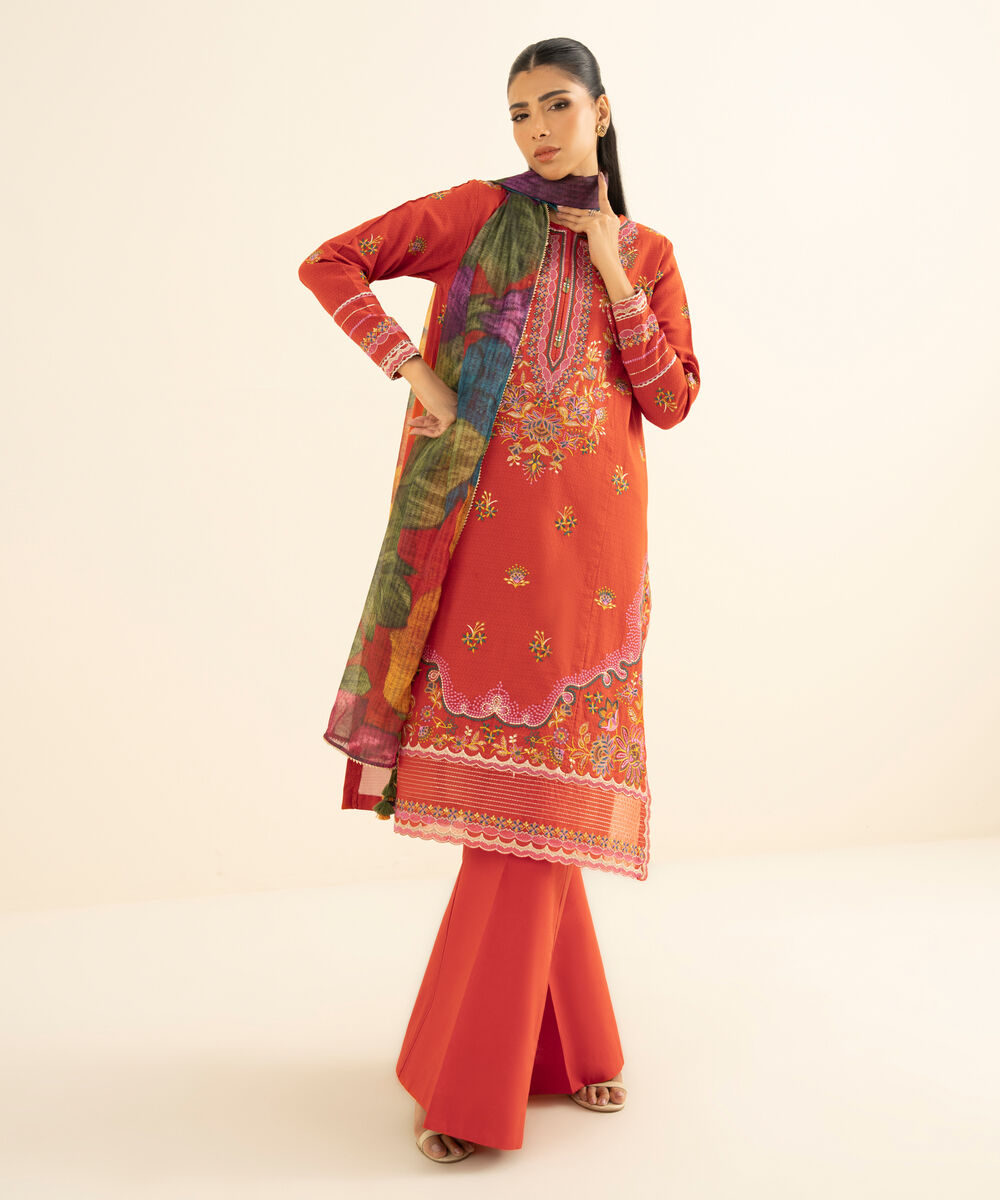 Women's Unstitched Dobby Embroidered Orange 3 Piece Suit