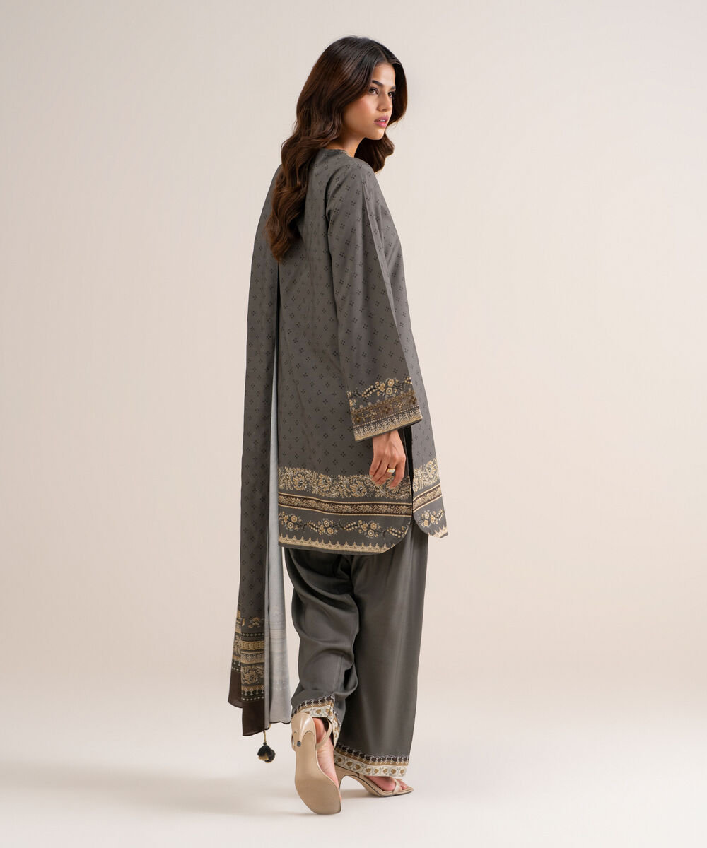 Women's Unstitched Embroidered Linen Gray 3 Piece Suit