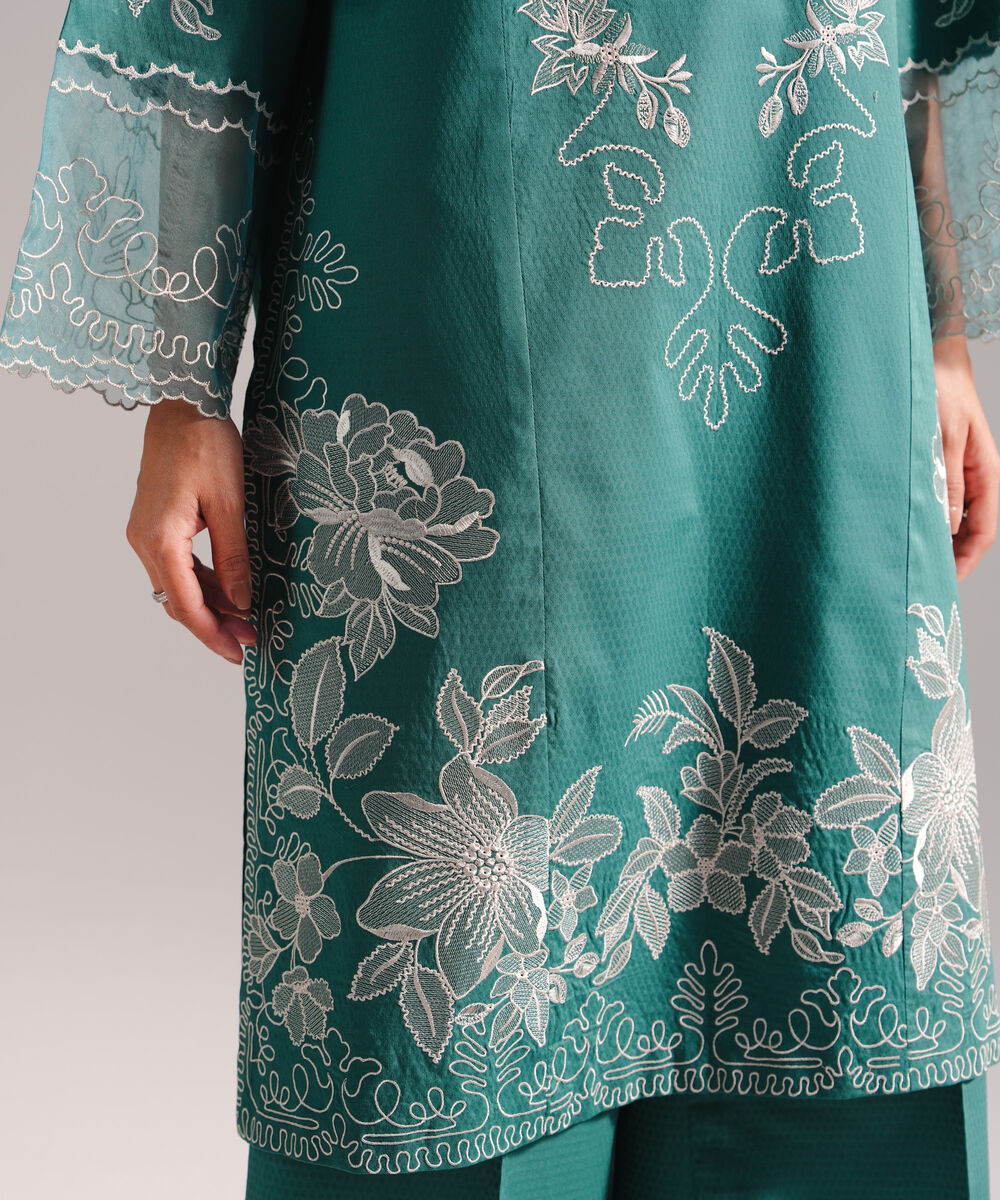 Women's RTW Dobby Embroidered Teal 3 Piece Suit