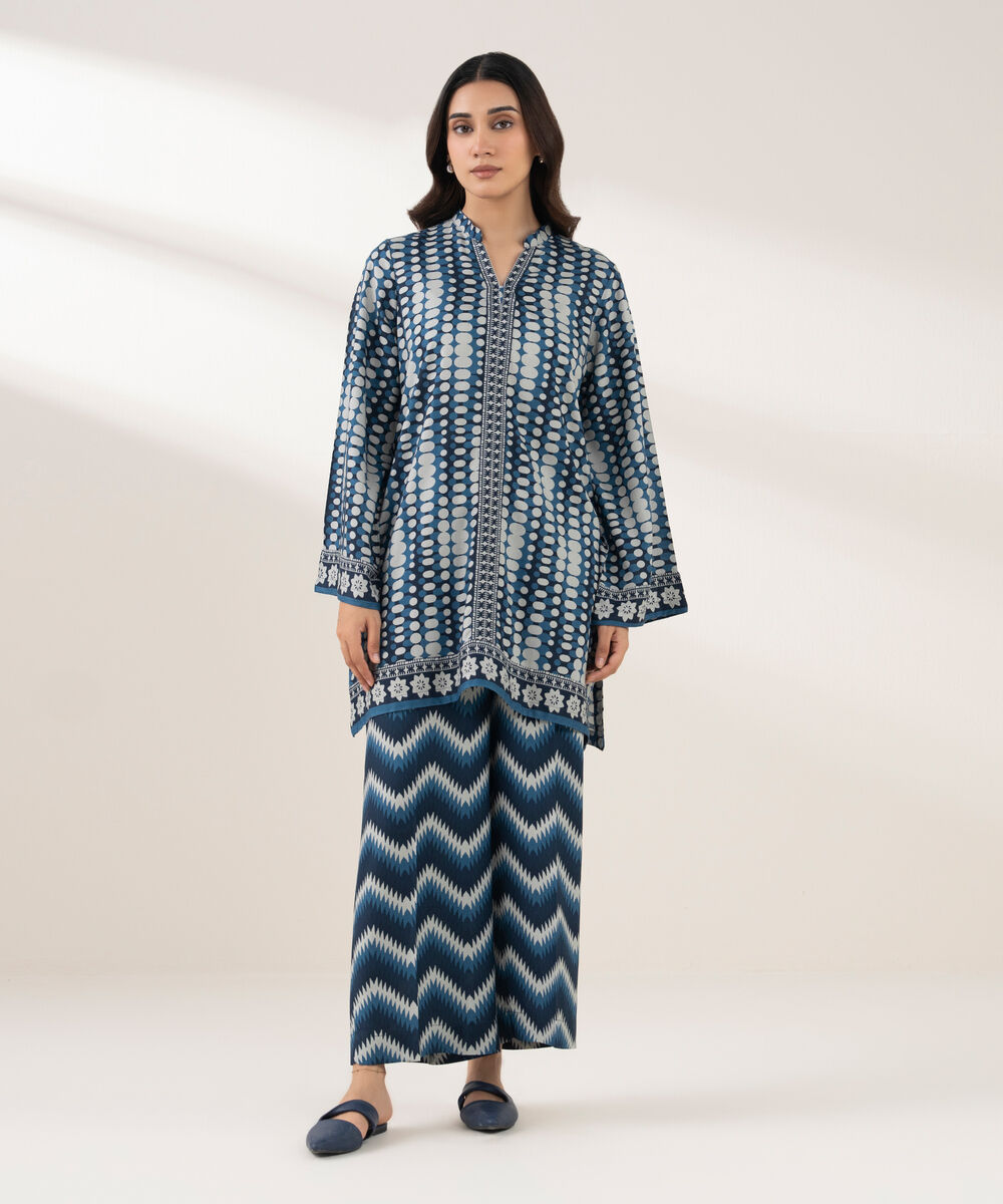 Women's RTW Viscose Linen Printed Straight Blue Shirt