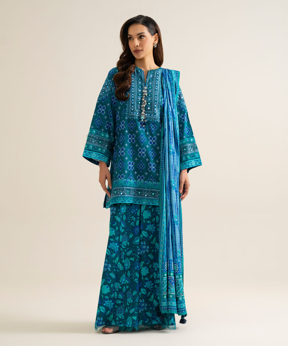 Women's Unstitched Linen Printed Blue 3 Piece Suit