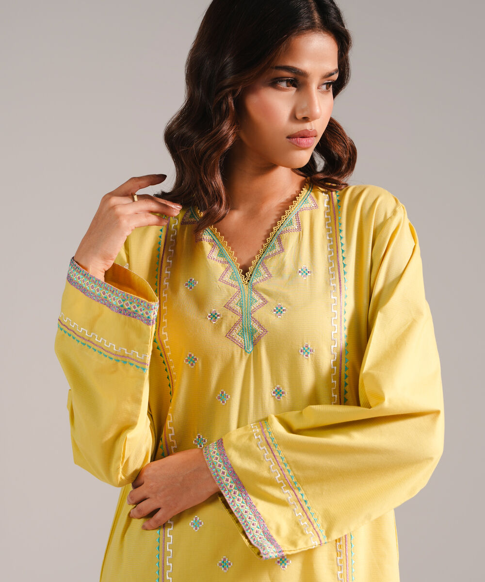 Women's RTW Zari Lawn Embroidered Yellow Straight Shirt