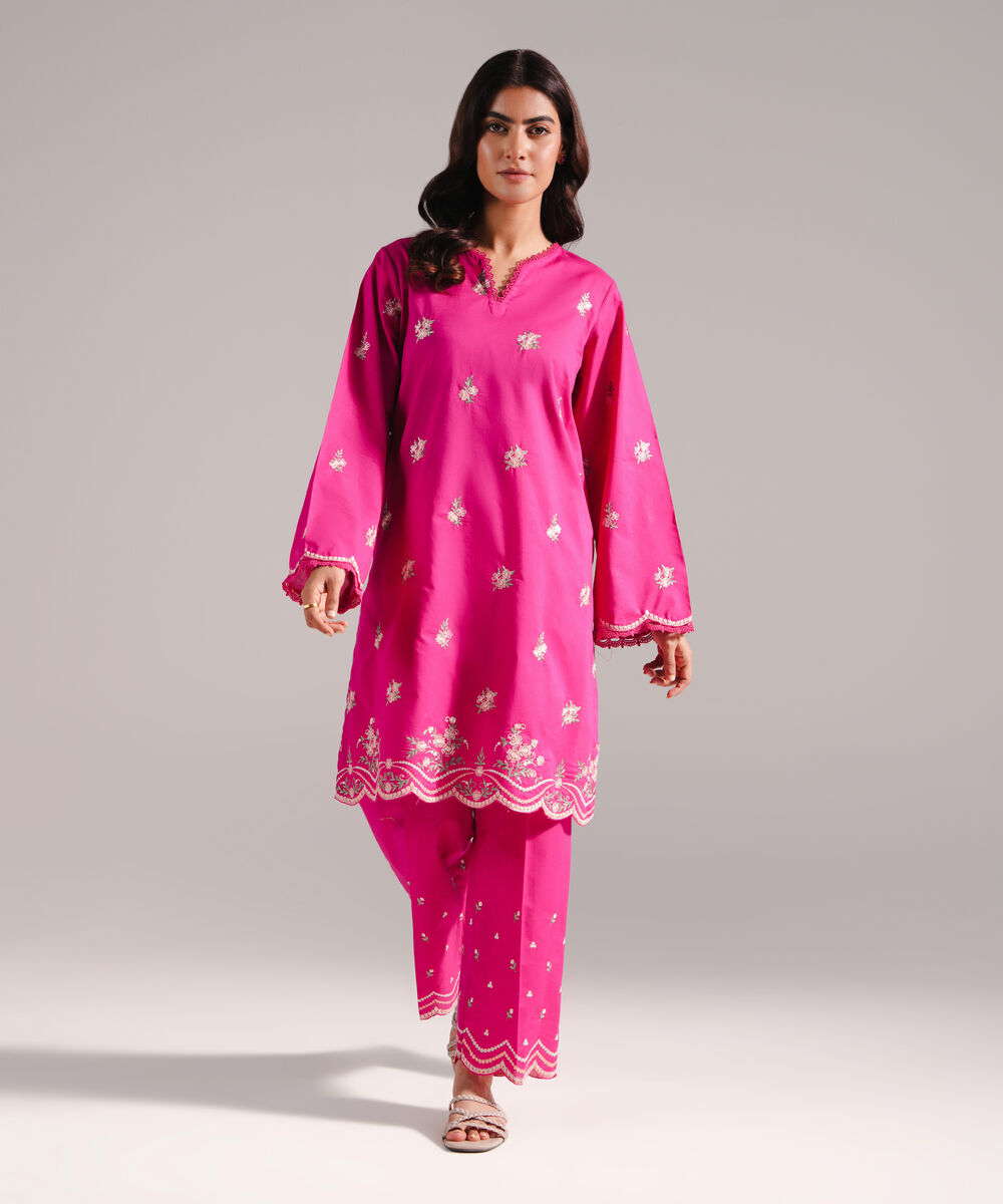 Women's RTW Slub Lawn Embroidered Pink 2 Piece Suit