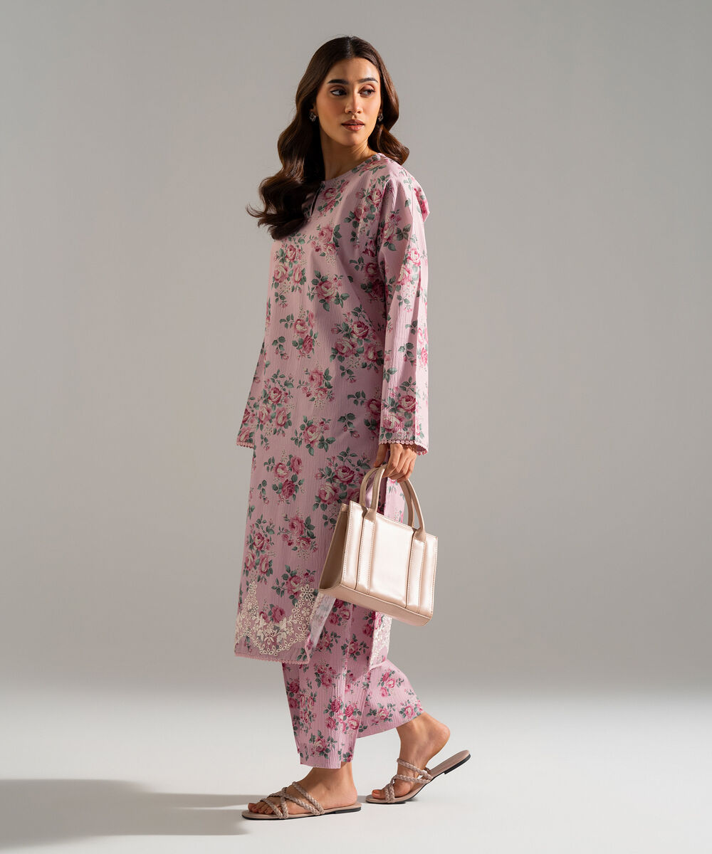 Women's RTW Seersucker Embroidered Pink 2 Piece Suit