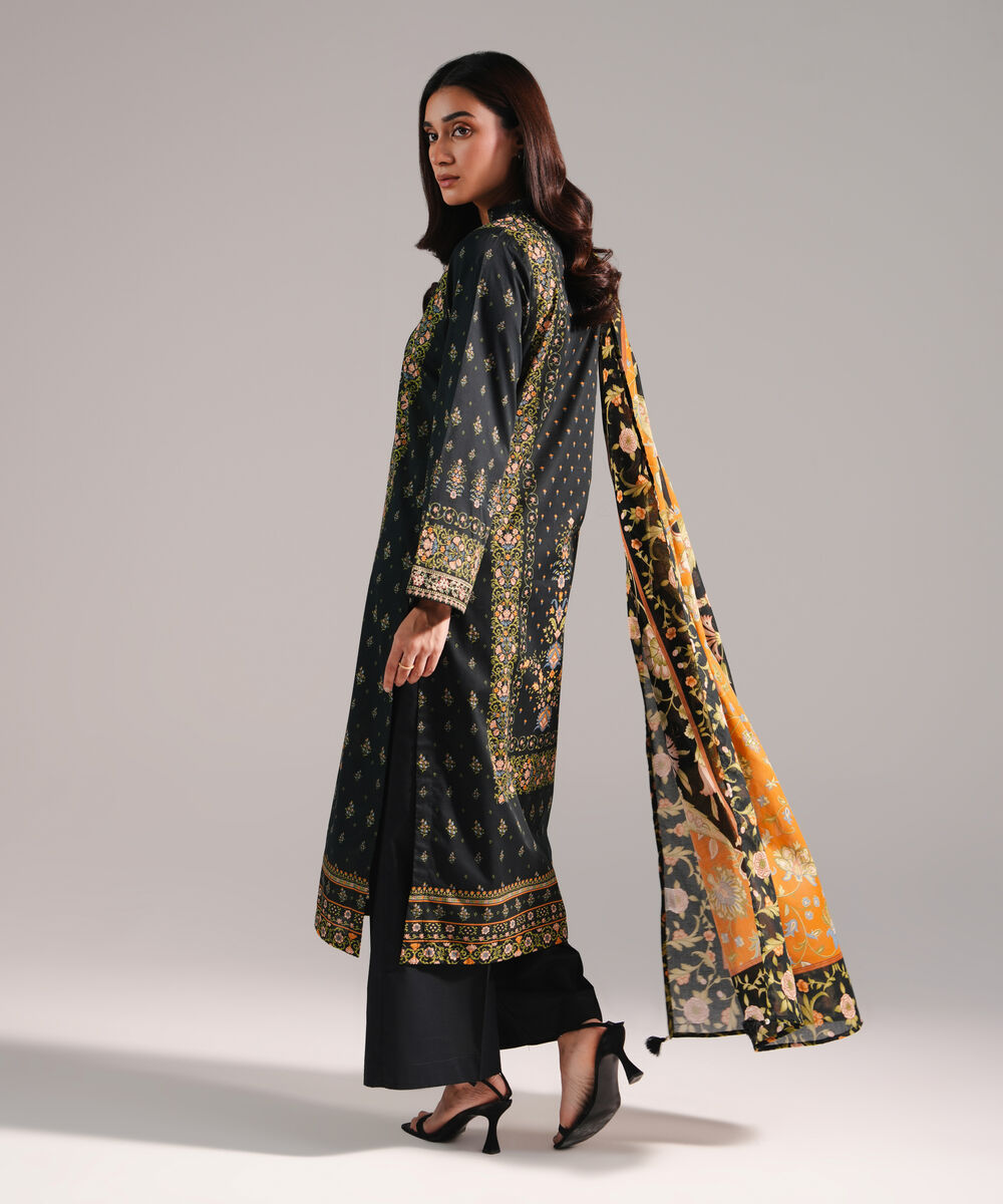 Women's RTW Lawn Printed Black 3 Piece Suit