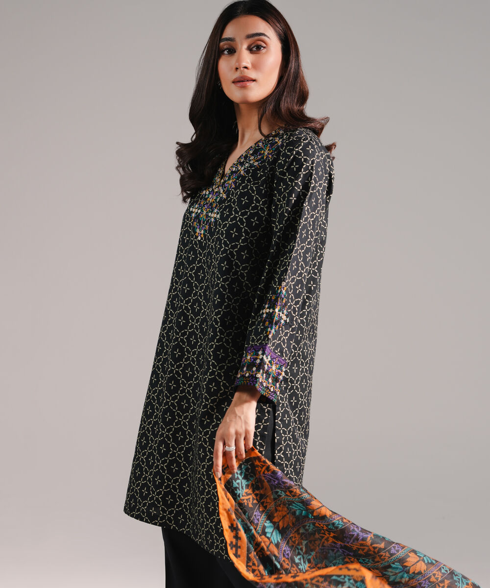 Women's RTW Lawn Printed Black 3 Piece Suit