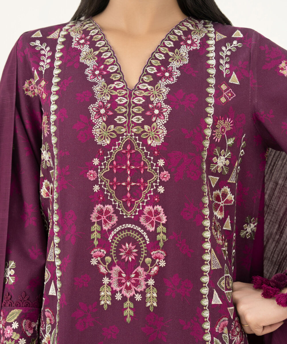 Women's Unstitched Embroidered Twill Plum 3 Piece Suit