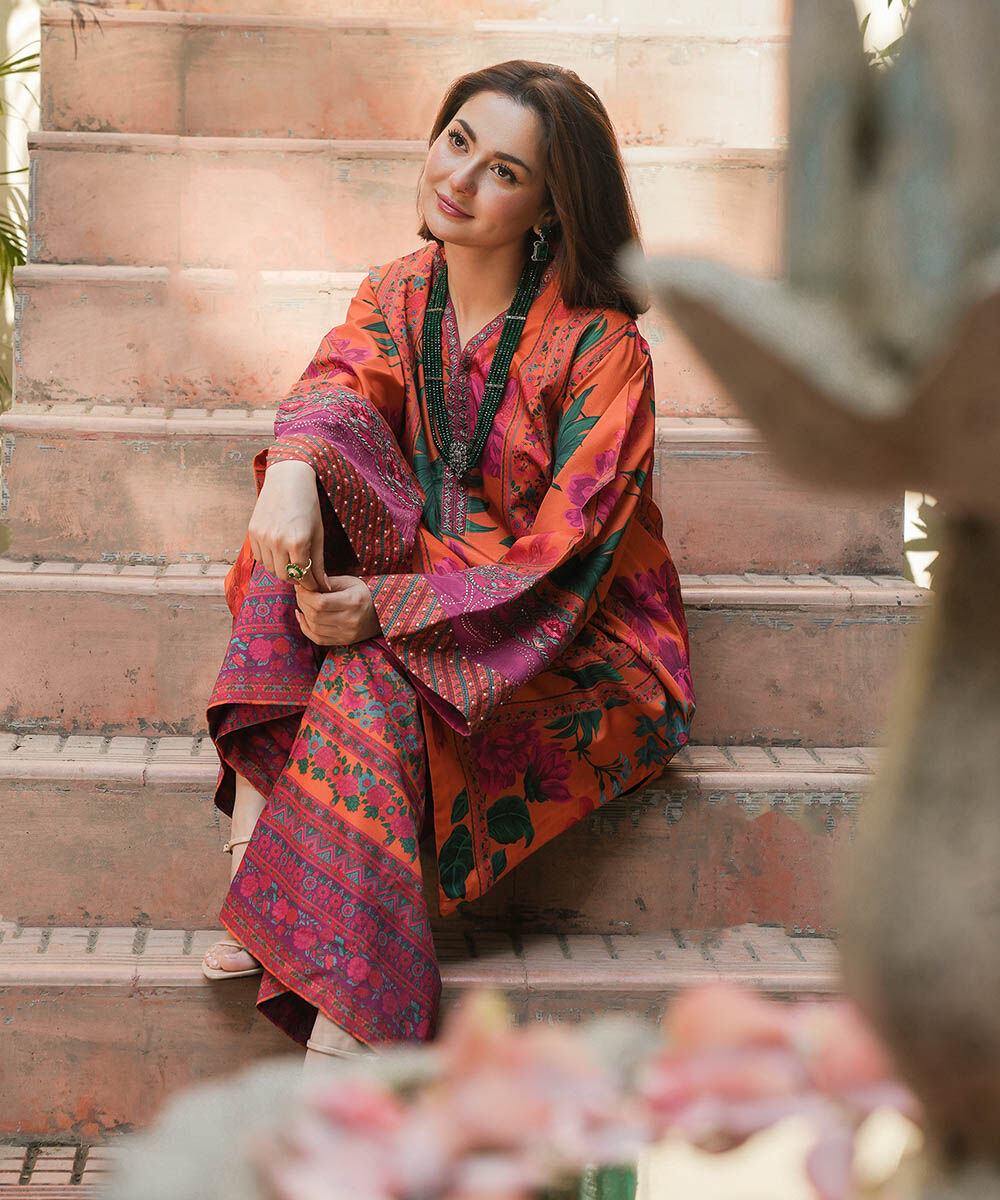 Woman - Orange 2 Piece - Embroidered Silk Suit
