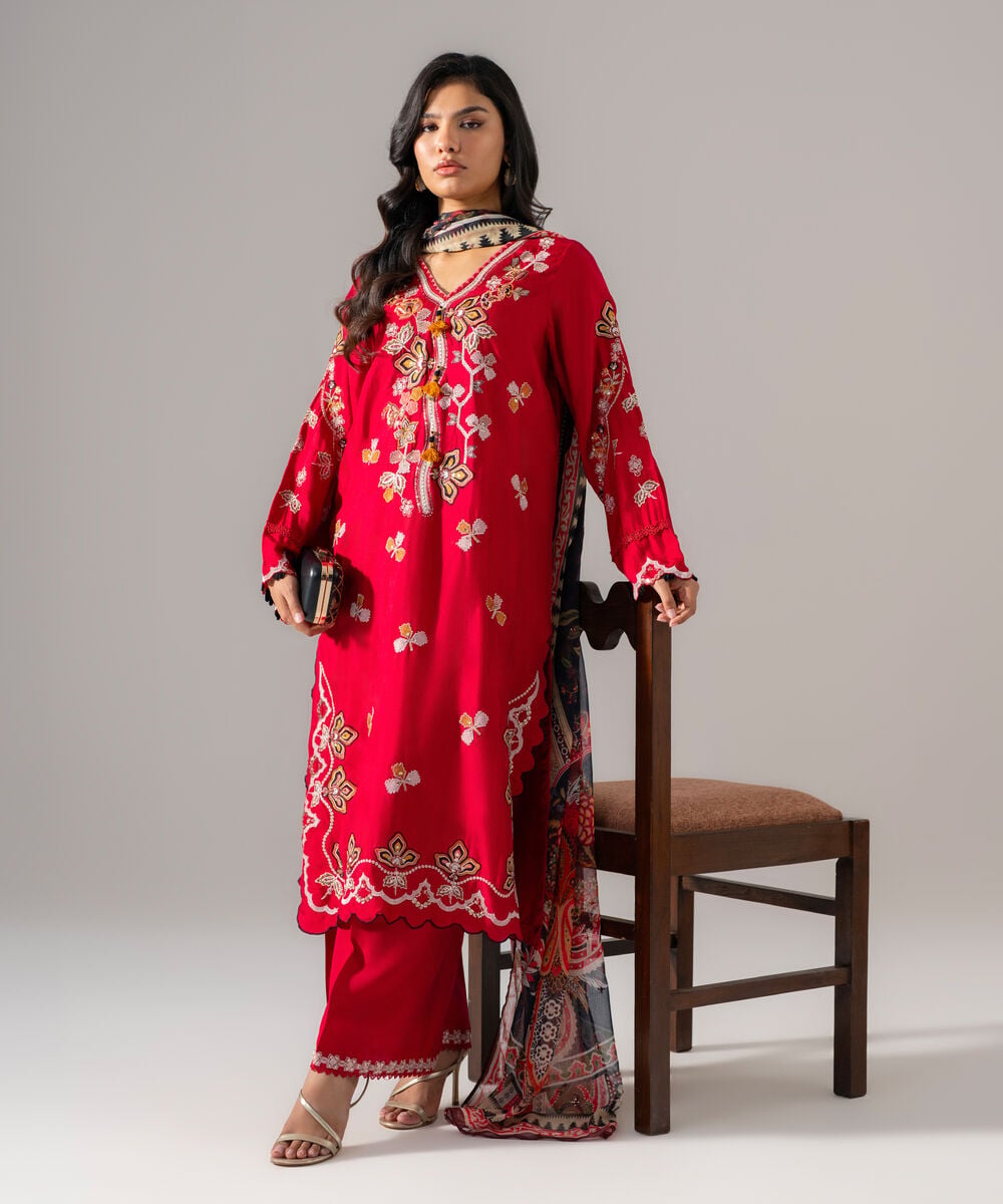 Women's RTW Bright Raw Silk Embroidered Red 3 Piece Suit