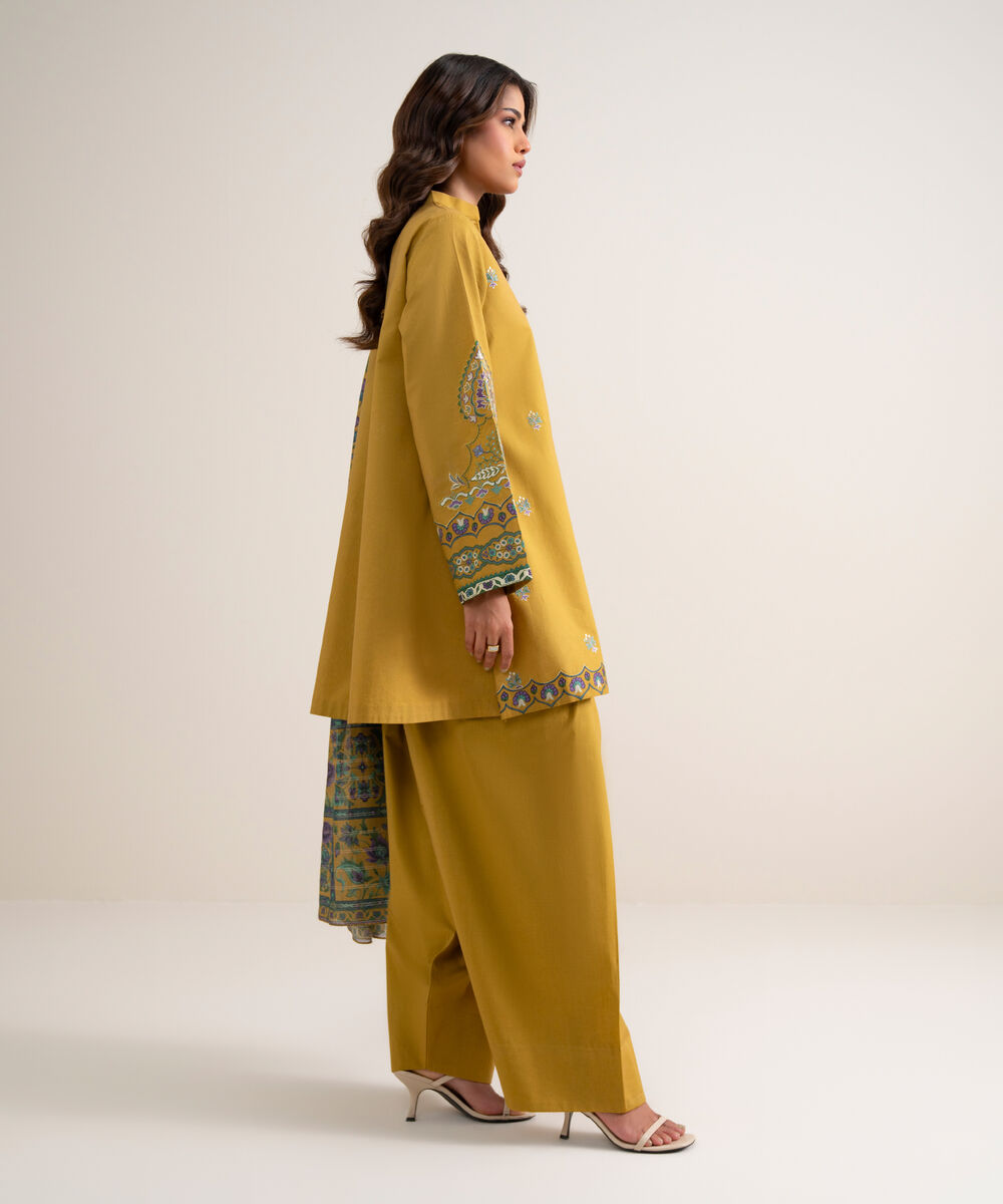 Women's Unstitched Embroidered Cotton Mustard 3 Piece Suit