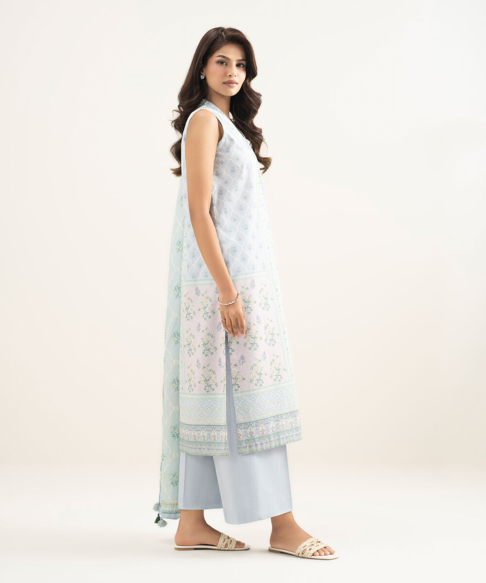 Women's Unstitched Lawn Printed Blue 3 Piece Suit