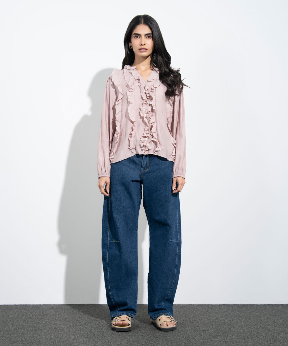 Women's Western Pink Textured Ruffled Top