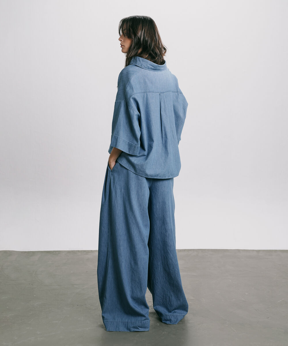 Women's Western Wear Blue Wide-Leg Pleated Trouser