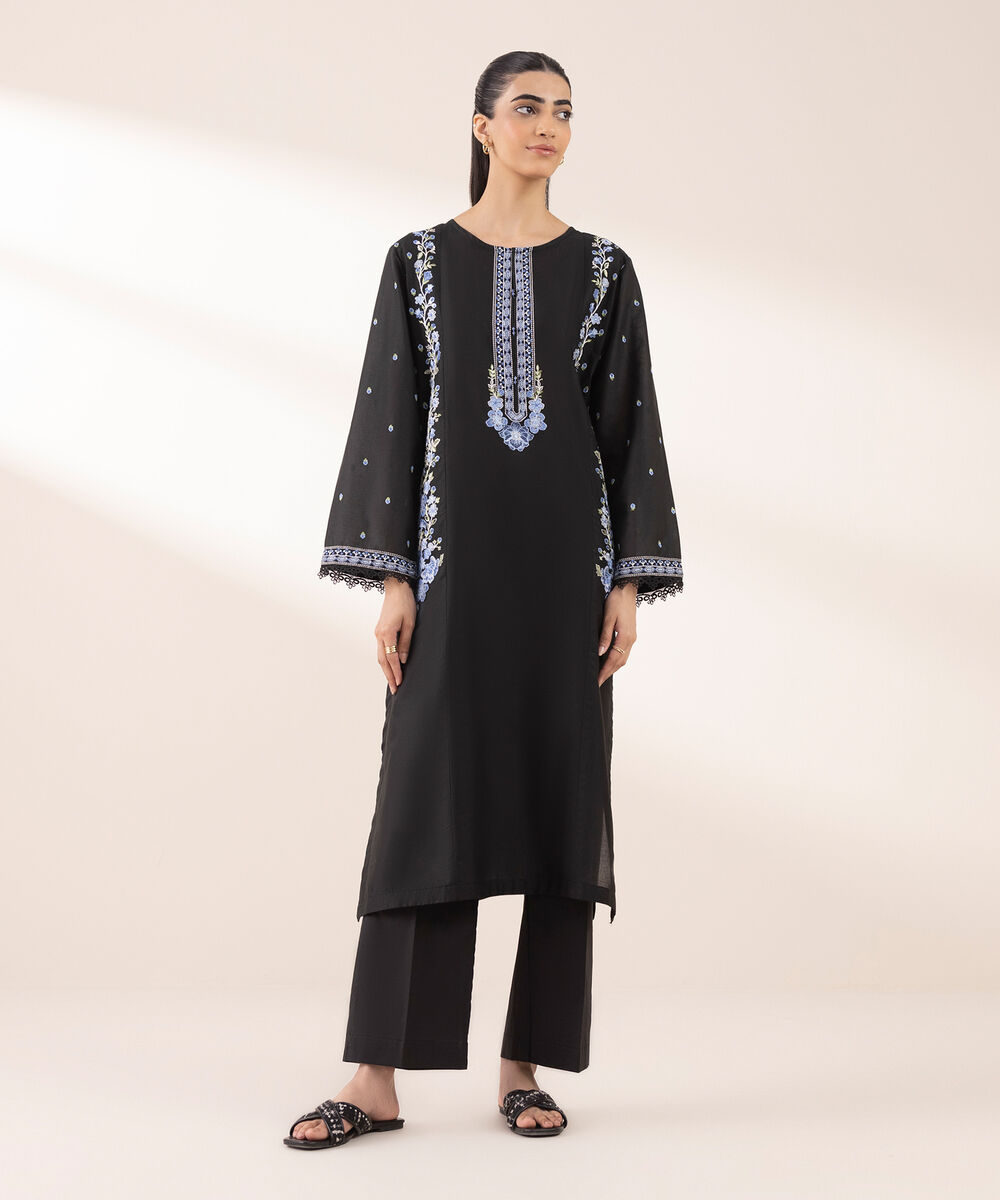 Women's RTW Lawn Black Embroidered A-Line Shirt