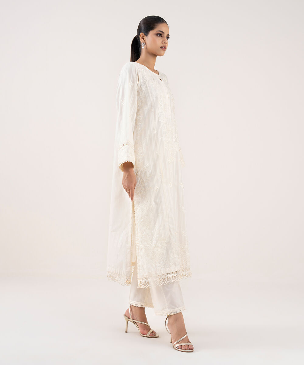 Women's RTW Textured Lawn Off White Embroidered A-Line Shirt