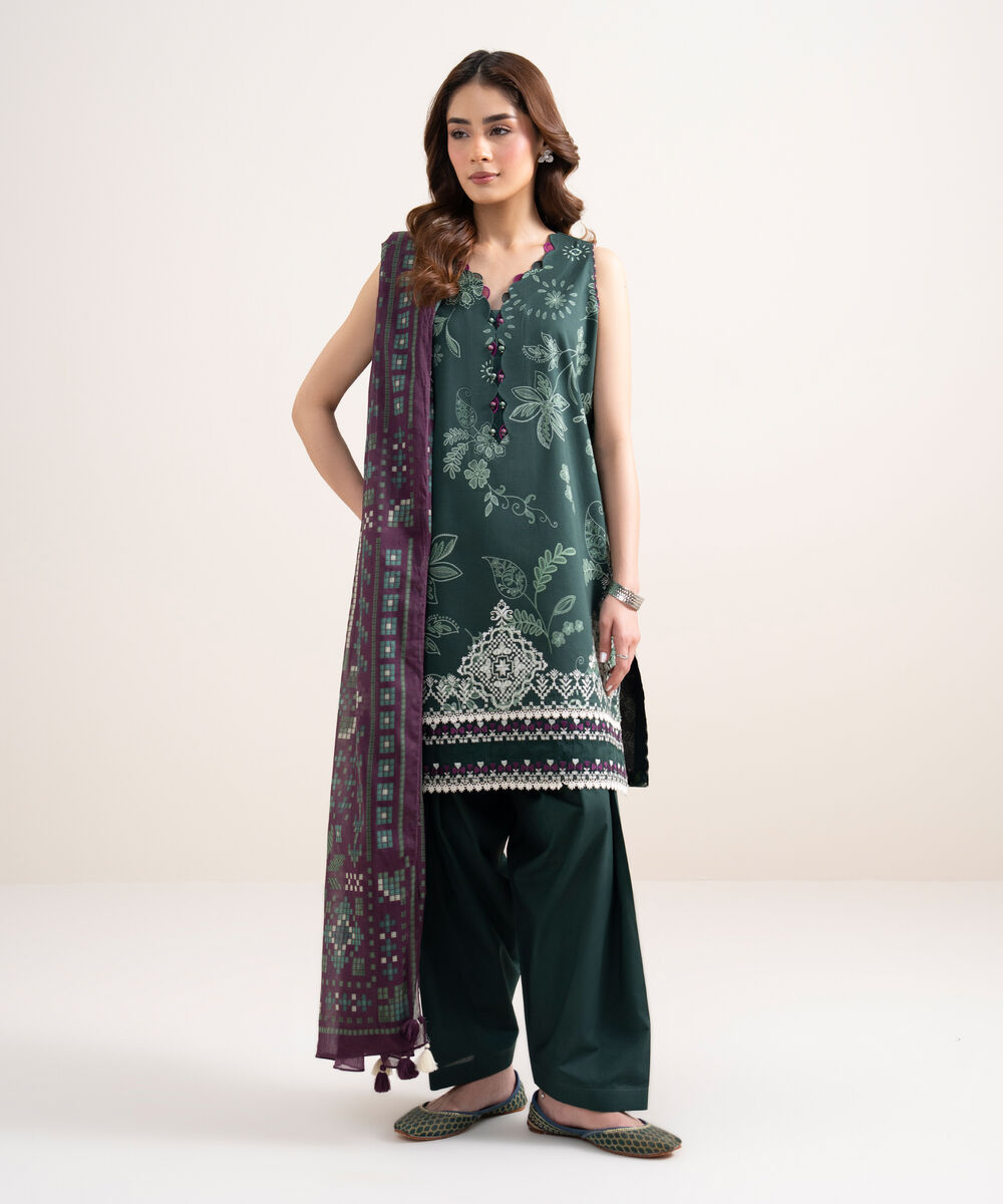 Women's Unstitched Lawn Embroidered Green 3 Piece Suit