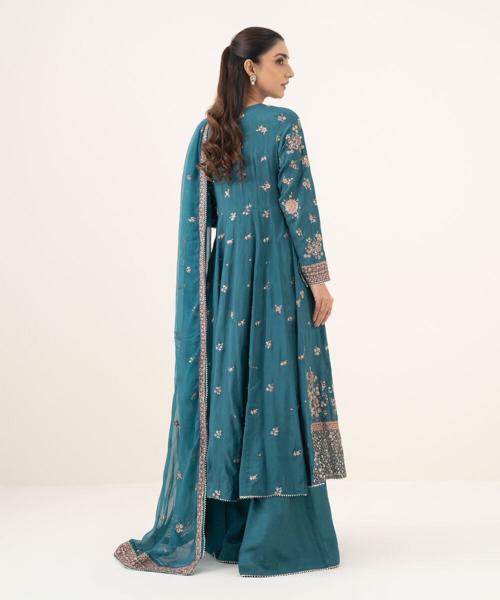 Women's RTW Raw Silk Embroidered Teal 3 Piece Suit