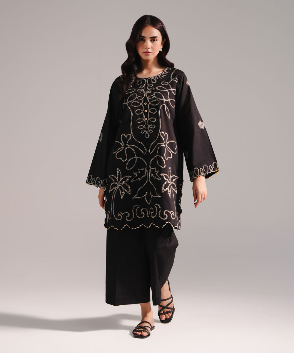 Women's RTW Crosshatch Embroidered Black Straight Shirt