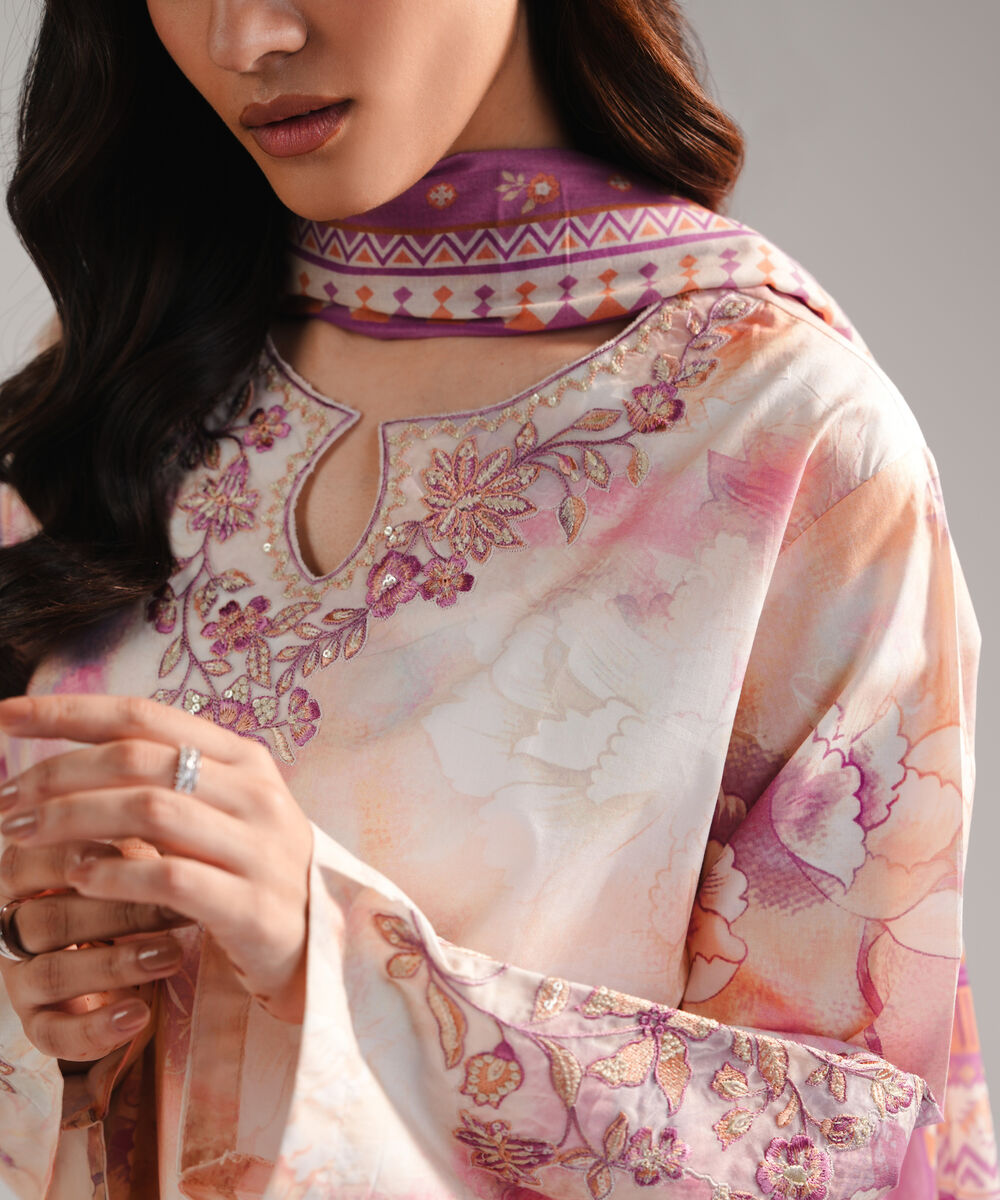 Women's RTW Cambric Embroidered Peach 3 Piece Suit