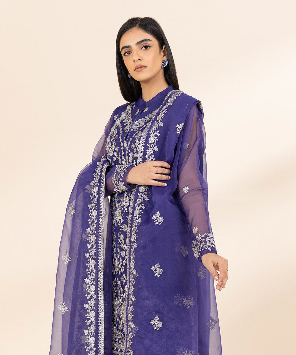 Women's Unstitched Blue Blended Organza, Organza 3 Piece Suit