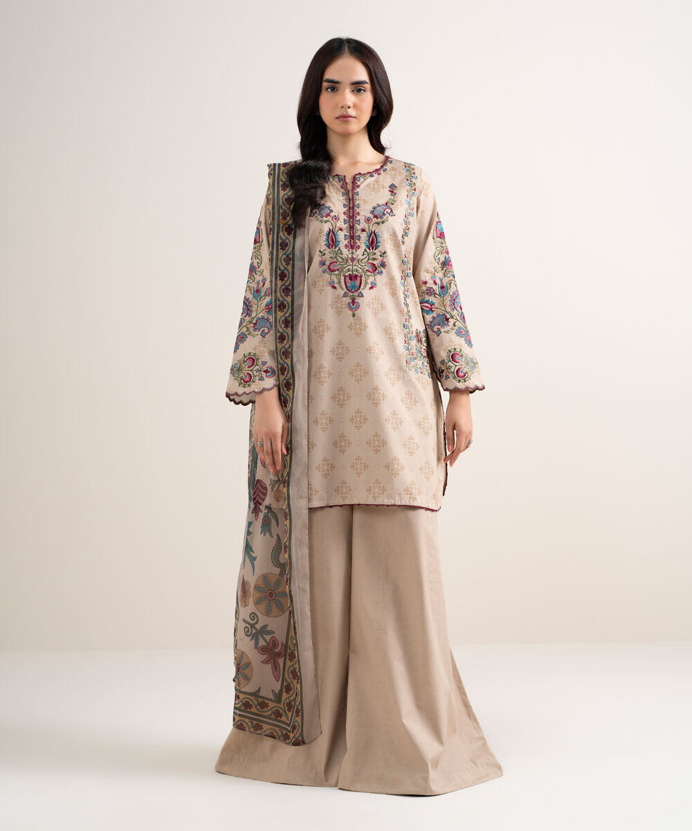 Women's Unstitched Lawn Embroidered Beige 3 Piece Suit