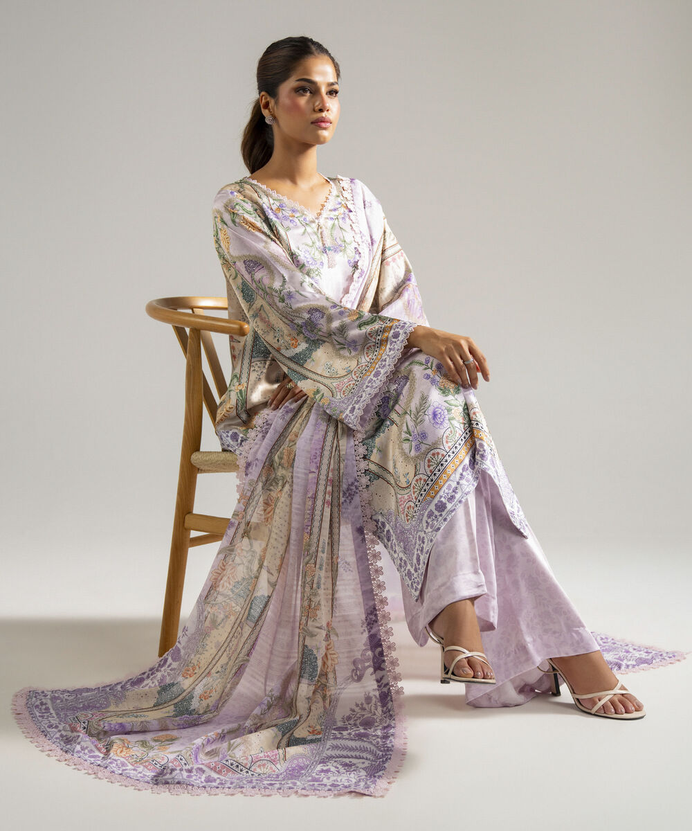 Women's RTW Blended Satin Printed Lilac 3 Piece Suit