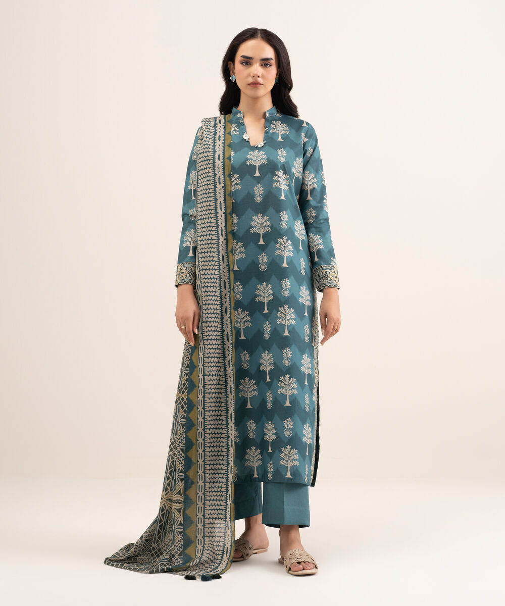 Women's Unstitched Lawn Printed Blue 3 Piece Suit