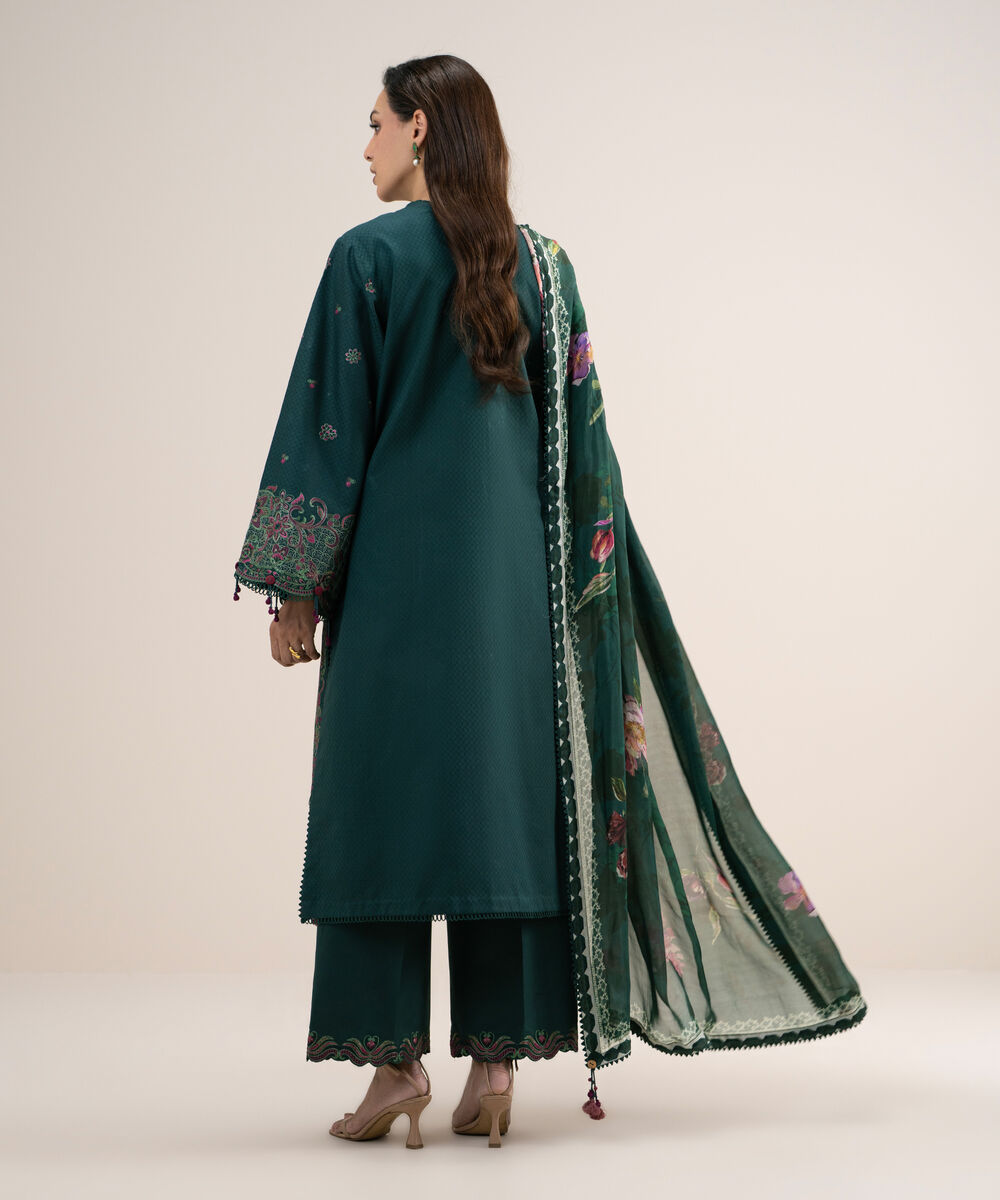 Women's Unstitched Embroidered Dobby Green 3 Piece Suit