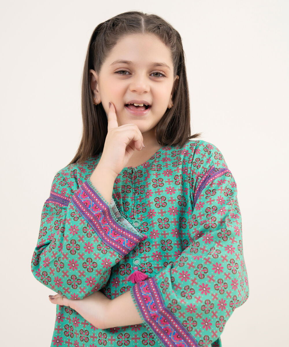Girl's RTW Arabic Lawn Teal Printed 2 Piece Suit