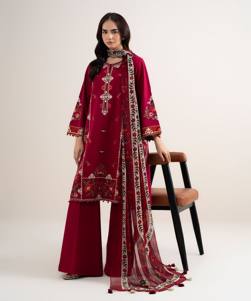 Women's Unstitched Dobby Embroidered Red 3 Piece Suit