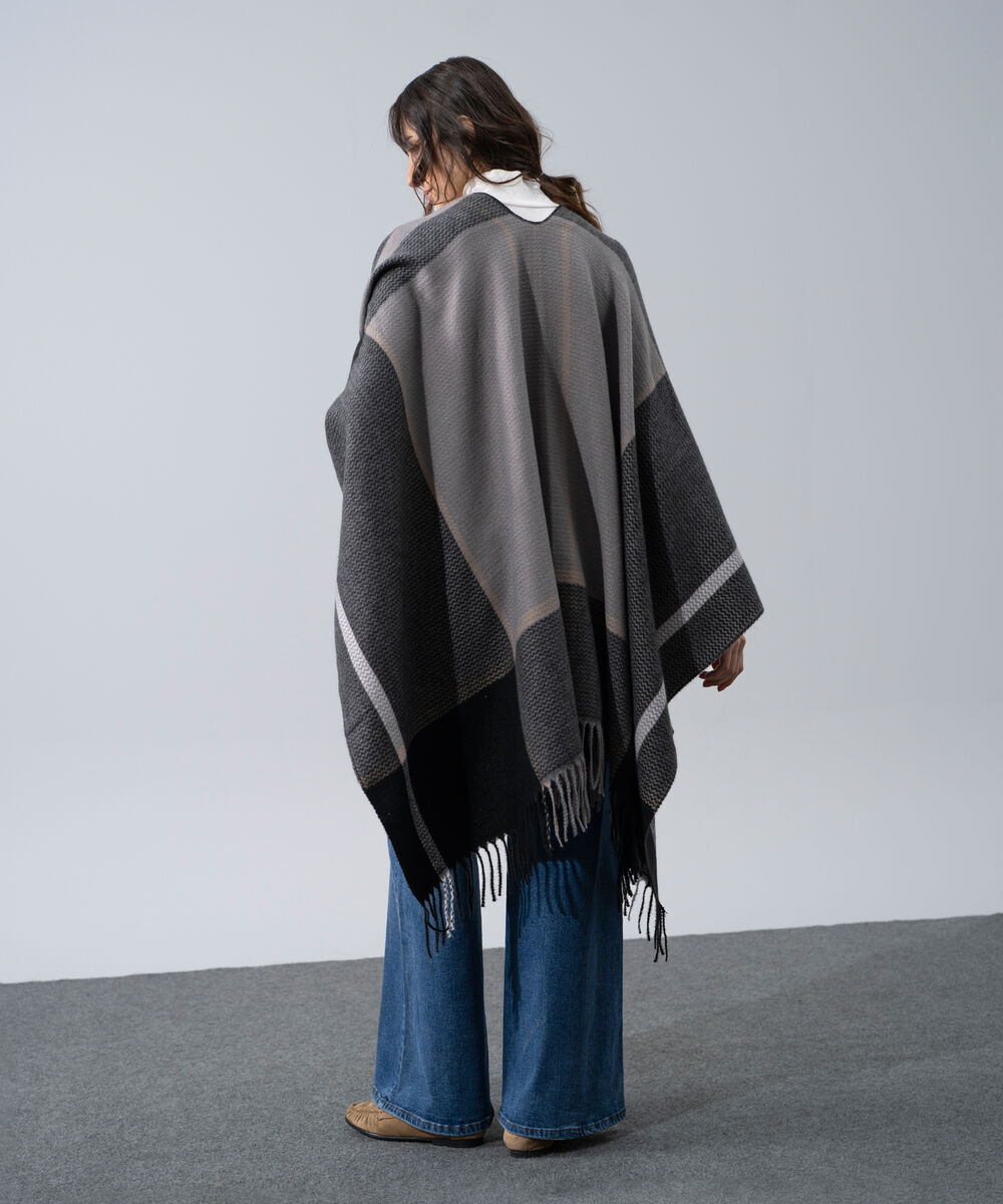 Women's Western Wear Grey Polyester Striped Cape Shawl