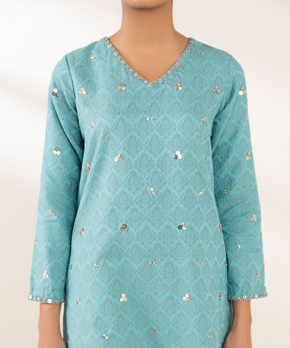 Woman - Blue Embroidered Cotton Jacquard Shirt