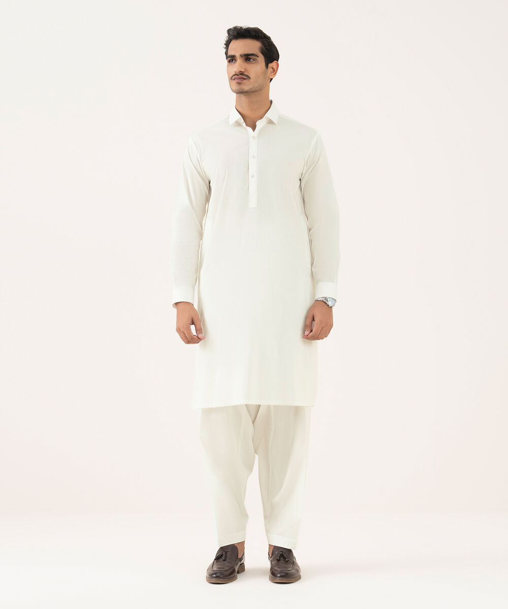 Men's 100% Cotton Embroidered Light Cream Kurta Shalwar