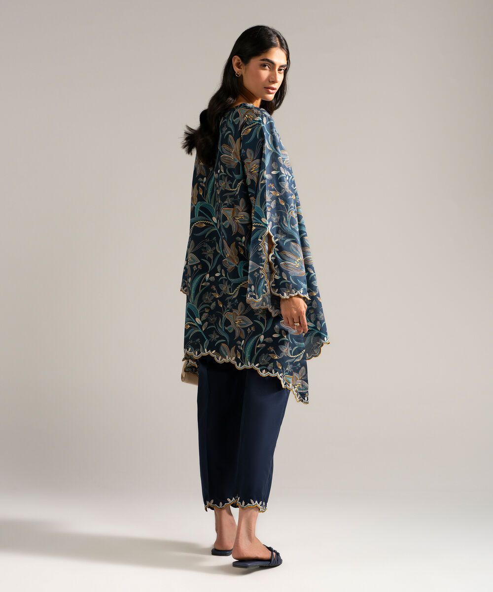 Women's RTW Slub Lawn Embroidered Blue 2 Piece Suit