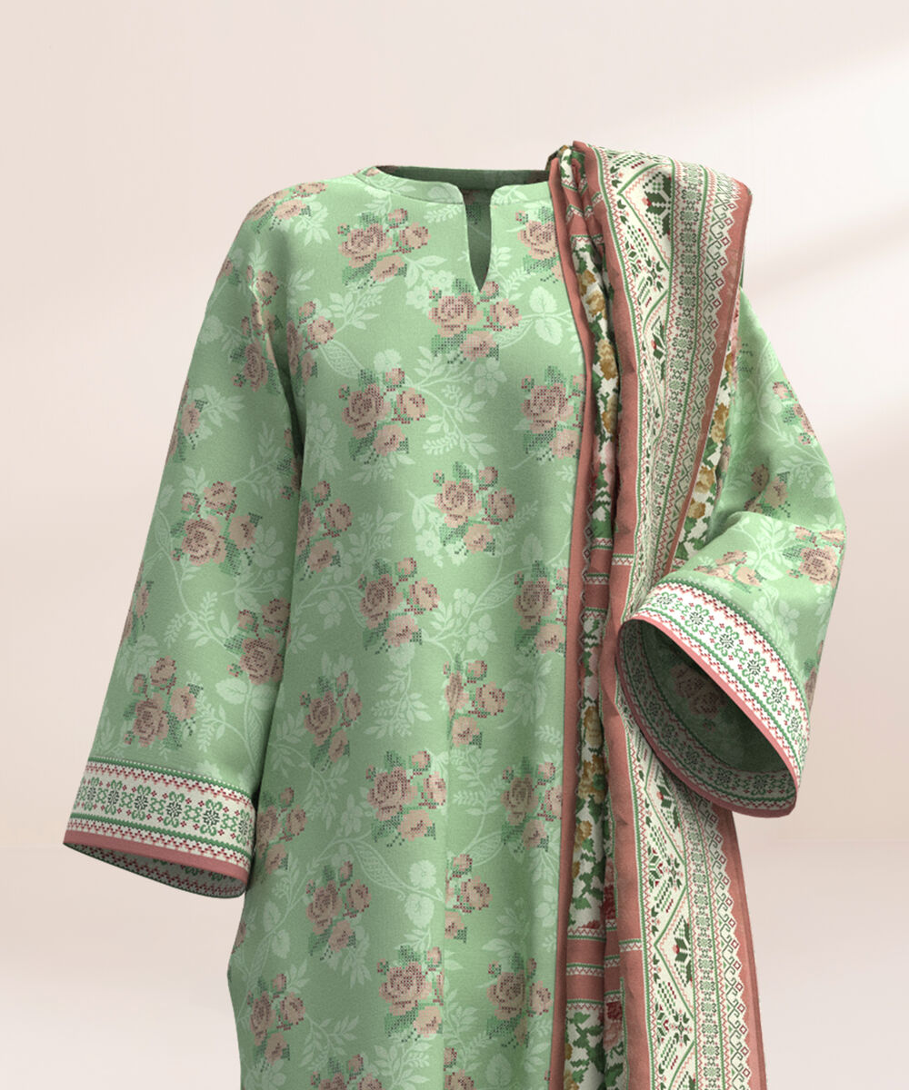 Women's Three Piece Printed Green Lawn Suit