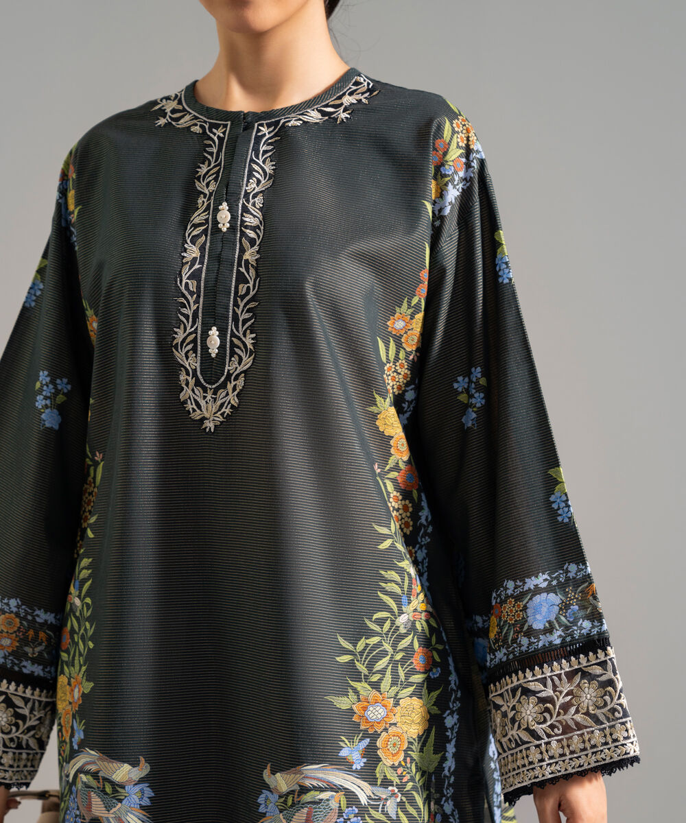 Women's RTW Zari Lawn Embroidered Black Drop Shoulder Shirt