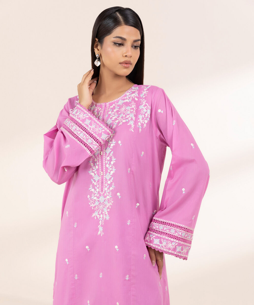 Women's RTW Lawn Pink Embroidered A-Line Shirt