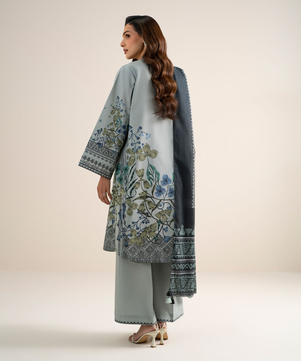 Women's Unstitched Cotton Printed Bluish Grey 3 Piece Suit